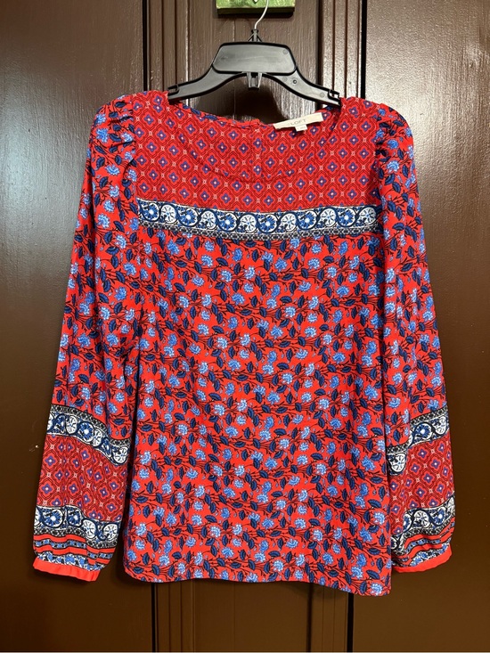 LOFT Tops - LOFT Red and Blue Patterned Long-Sleeve Blouse